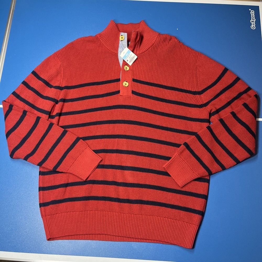 NWT J.McLaughlin Brick Red Navy Blue Stripe Bastian Sweater‎ size M Heavy Knit